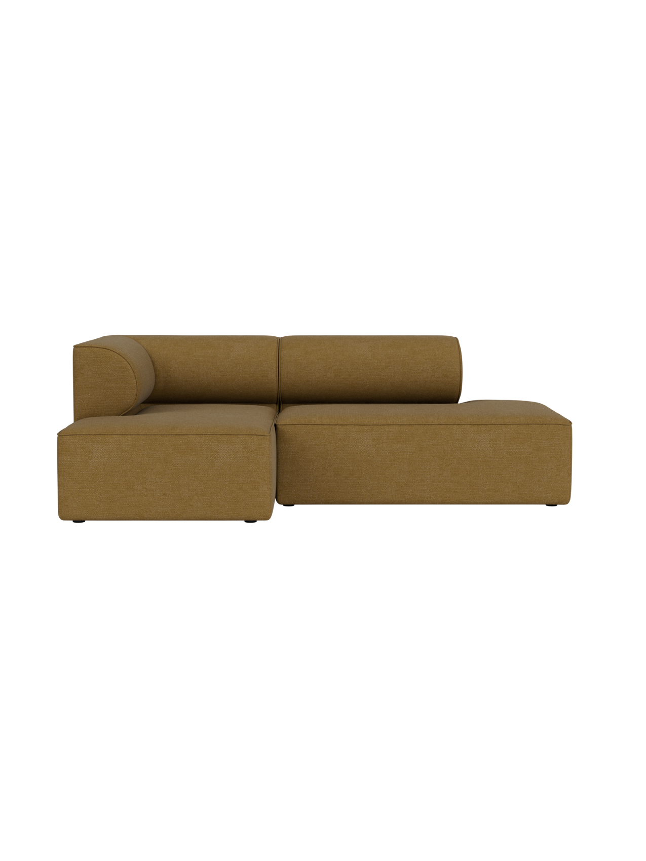 Front view of the Eave Modular Sofa, 2.5-seater, in ochre Audo Bouclé 06 upholstery, shown against a black background.