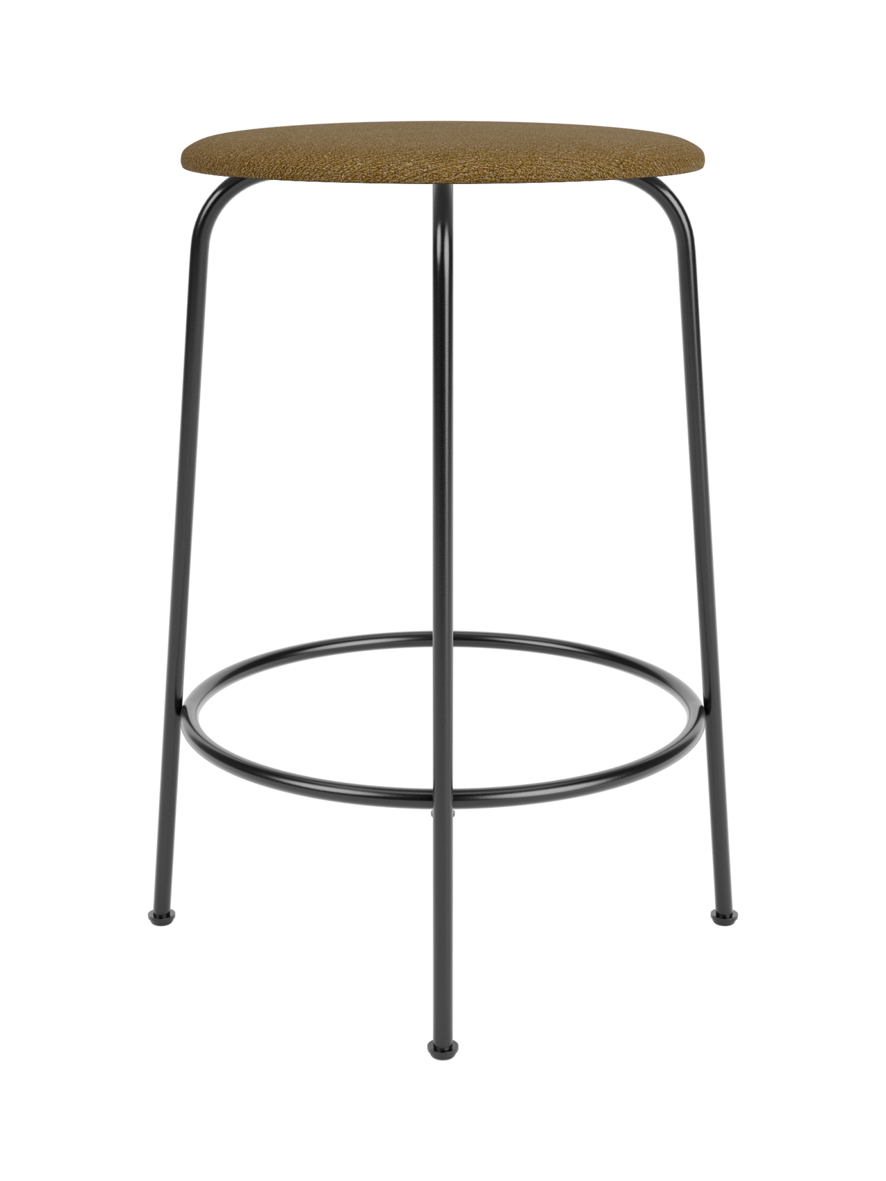 Front view of the Afteroom Counter Stool, featuring a round upholstered seat in brown Audo Bouclé 06 on a black steel frame.
