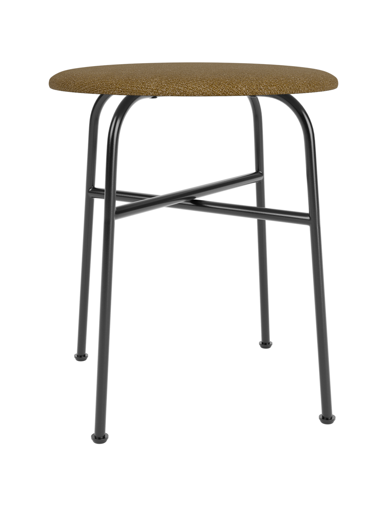 Afteroom Stool with a round upholstered seat in golden-brown bouclé and a sleek, black powder-coated steel tubular frame.