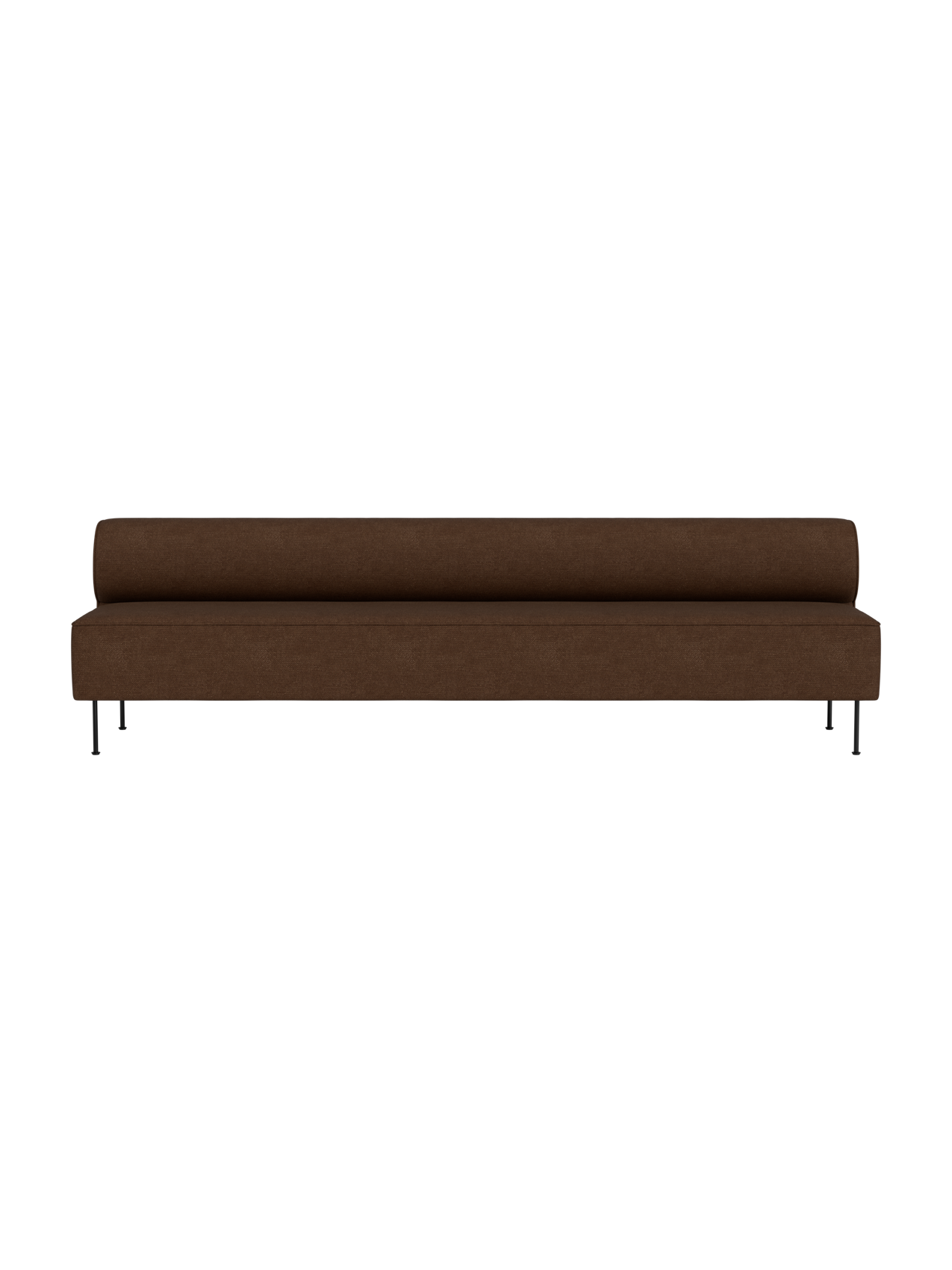 A front-on studio shot of the Eave Dining Sofa upholstered in brown Audo Bouclé 07 fabric, set against a black background.