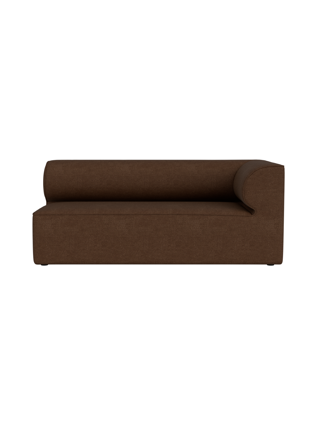 Front view of the Eave Modular Sofa right corner module, upholstered in a textured, brown Audo Bouclé 07 fabric.