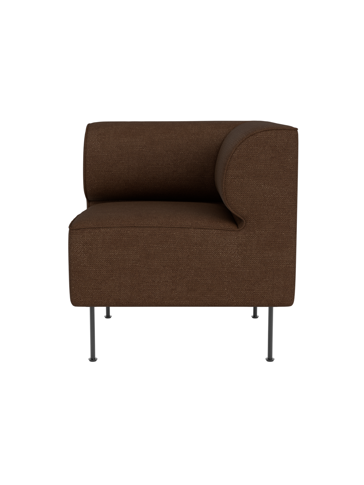 Front view of the Eave Dining Sofa, Corner module, upholstered in brown Audo Bouclé 07 fabric with slender metal legs.