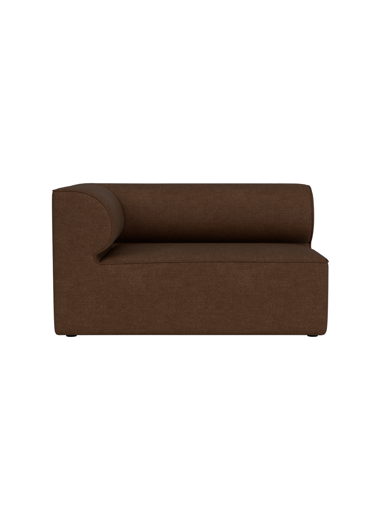 Front view of the Eave Modular Sofa, 86, Corner 129 piece in brown Audo Bouclé 07 fabric against a black background.