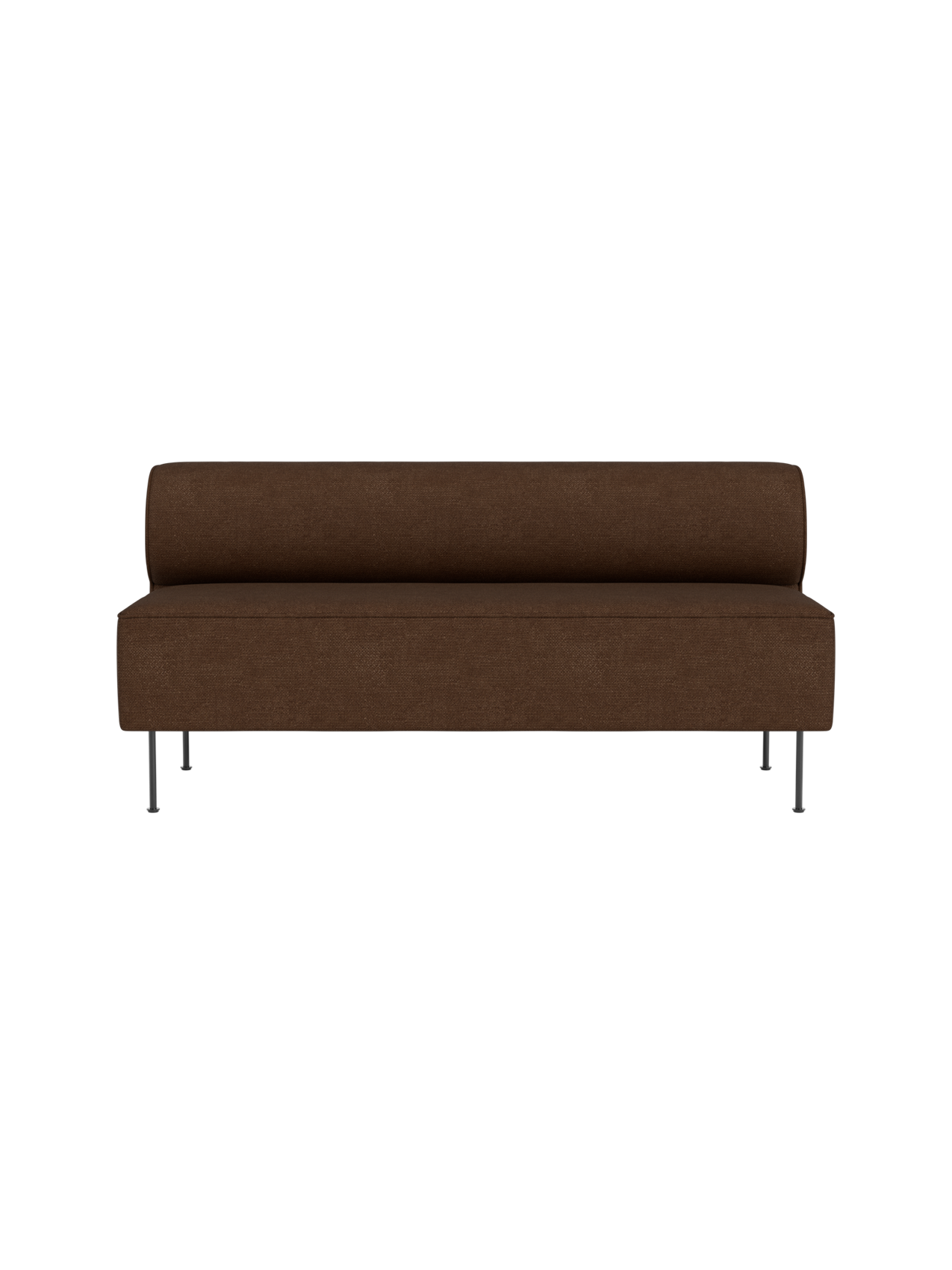 Front view of the Eave Dining Sofa upholstered in brown Audo Bouclé 07 fabric, featuring a low back and slender metal legs.