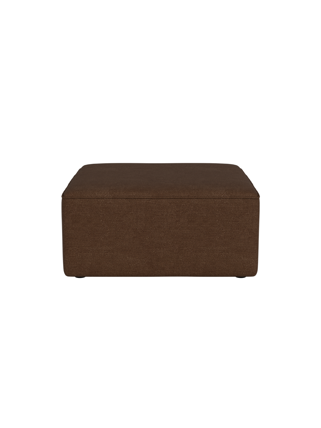 A side view of the square Eave Modular Sofa 86 Pouf, upholstered in a textured, brown Audo Bouclé 07 fabric.