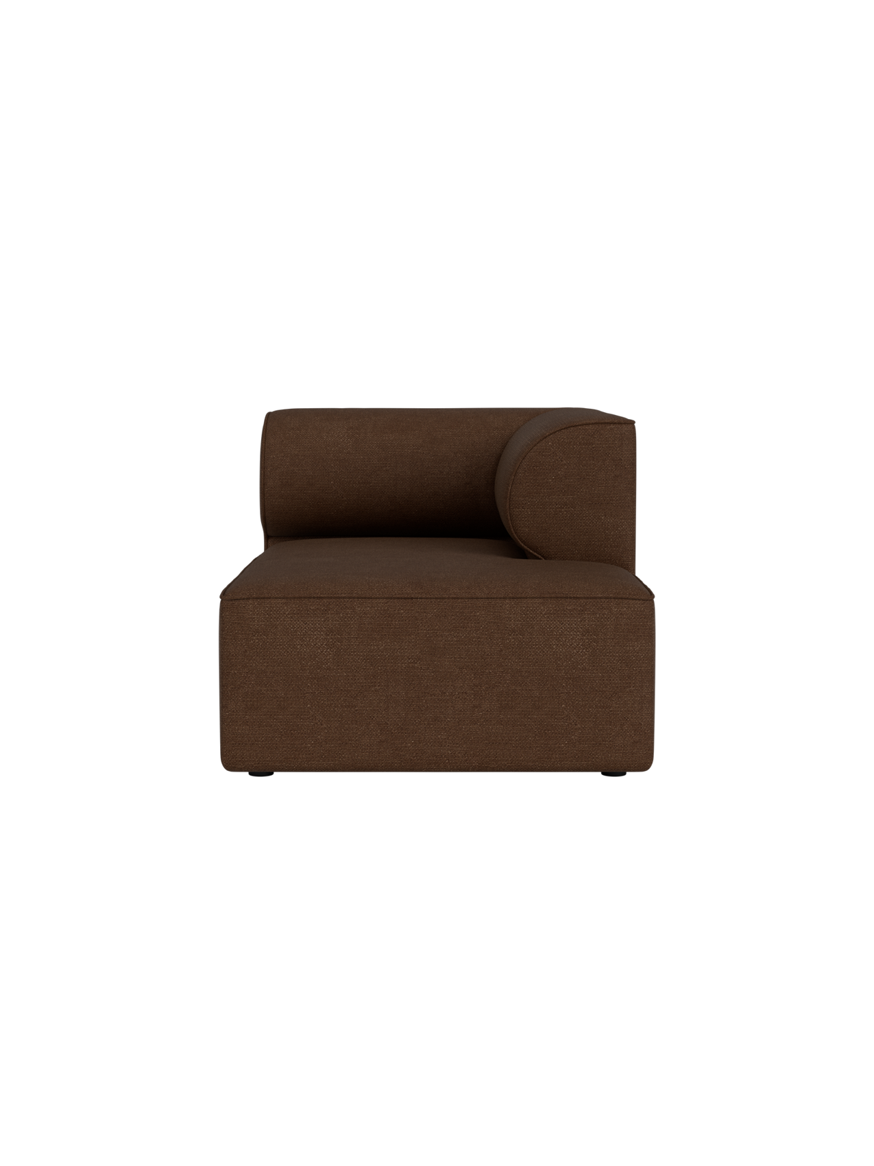 Front view of Eave Modular Sofa Chaise Longue module upholstered in brown Audo Bouclé 07 fabric against a black background.