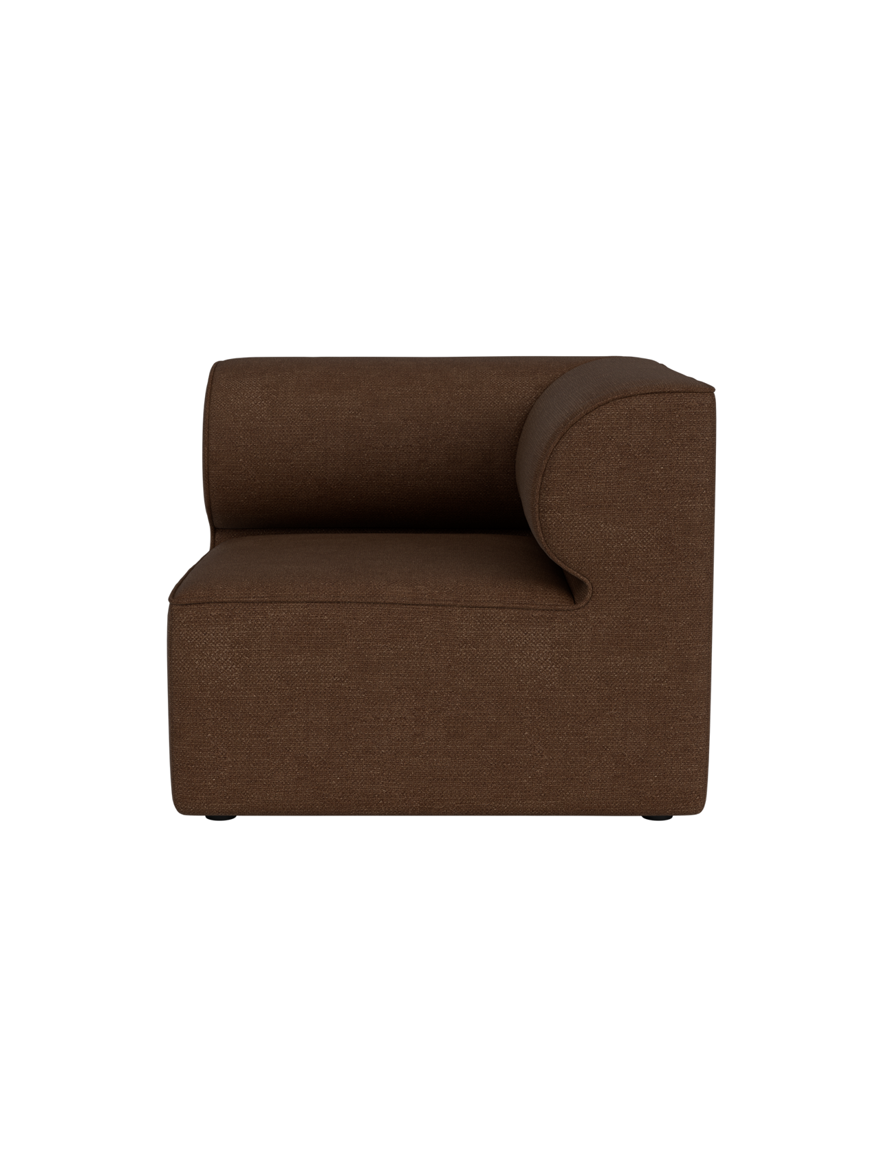 A side profile of the Eave Modular Sofa, 86, Corner piece in a brown Audo Bouclé 07 fabric against a black background.