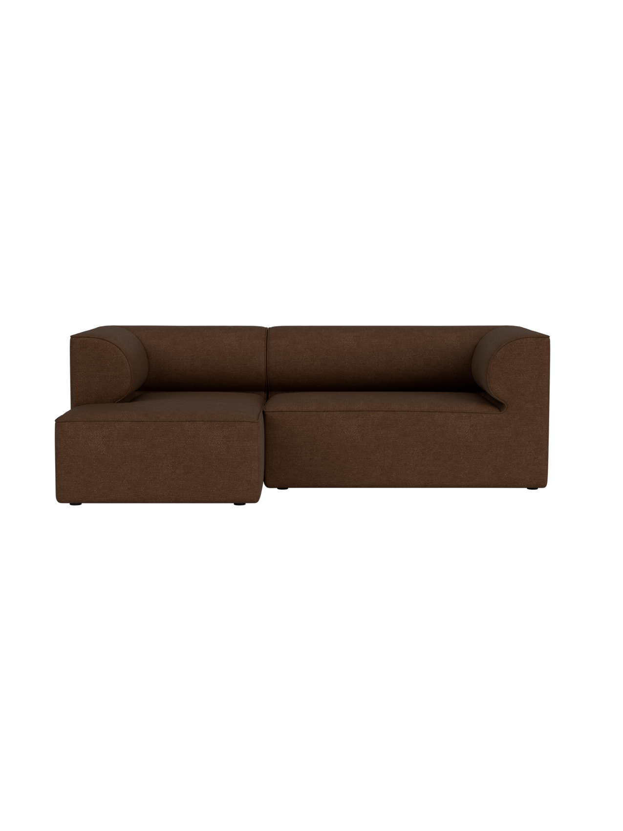 Front view of the Eave Modular Sofa, 86, 3-seater in brown upholstery, featuring a left chaise longue and curved armrests.