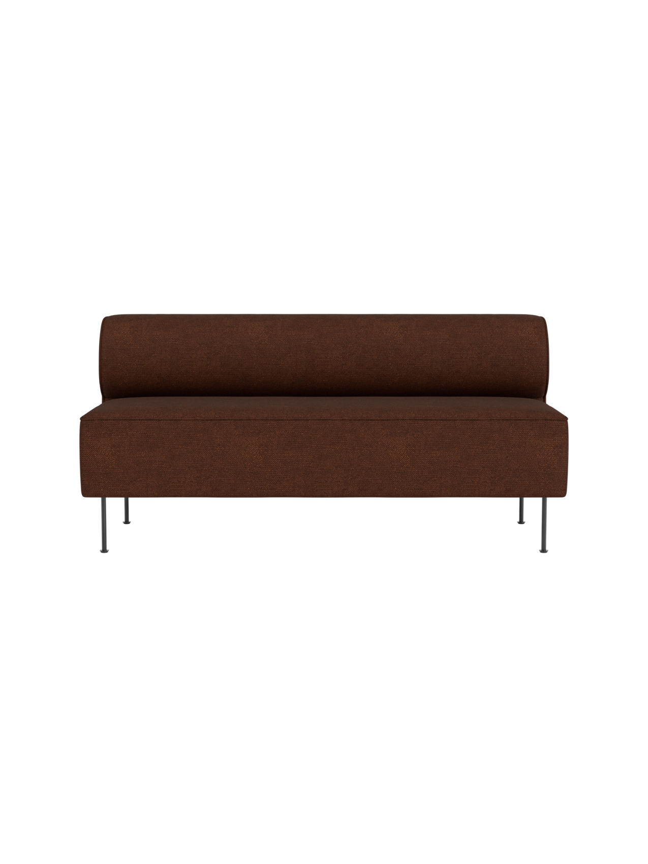 Eave Dining Sofa in Audo Bouclé 08. A front view of the minimalist sofa with textured brown fabric and slender metal legs.