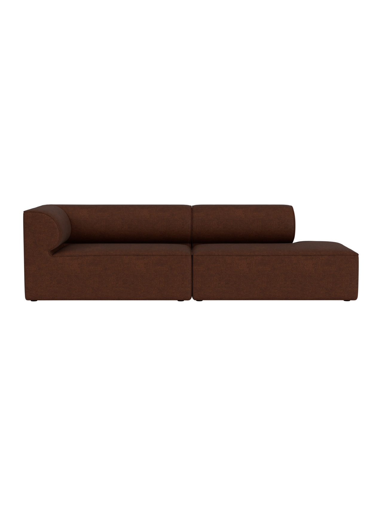 A front view of the Eave Modular Sofa, 2.5-Seater, in textured, reddish-brown Audo Bouclé 08 against a black background.