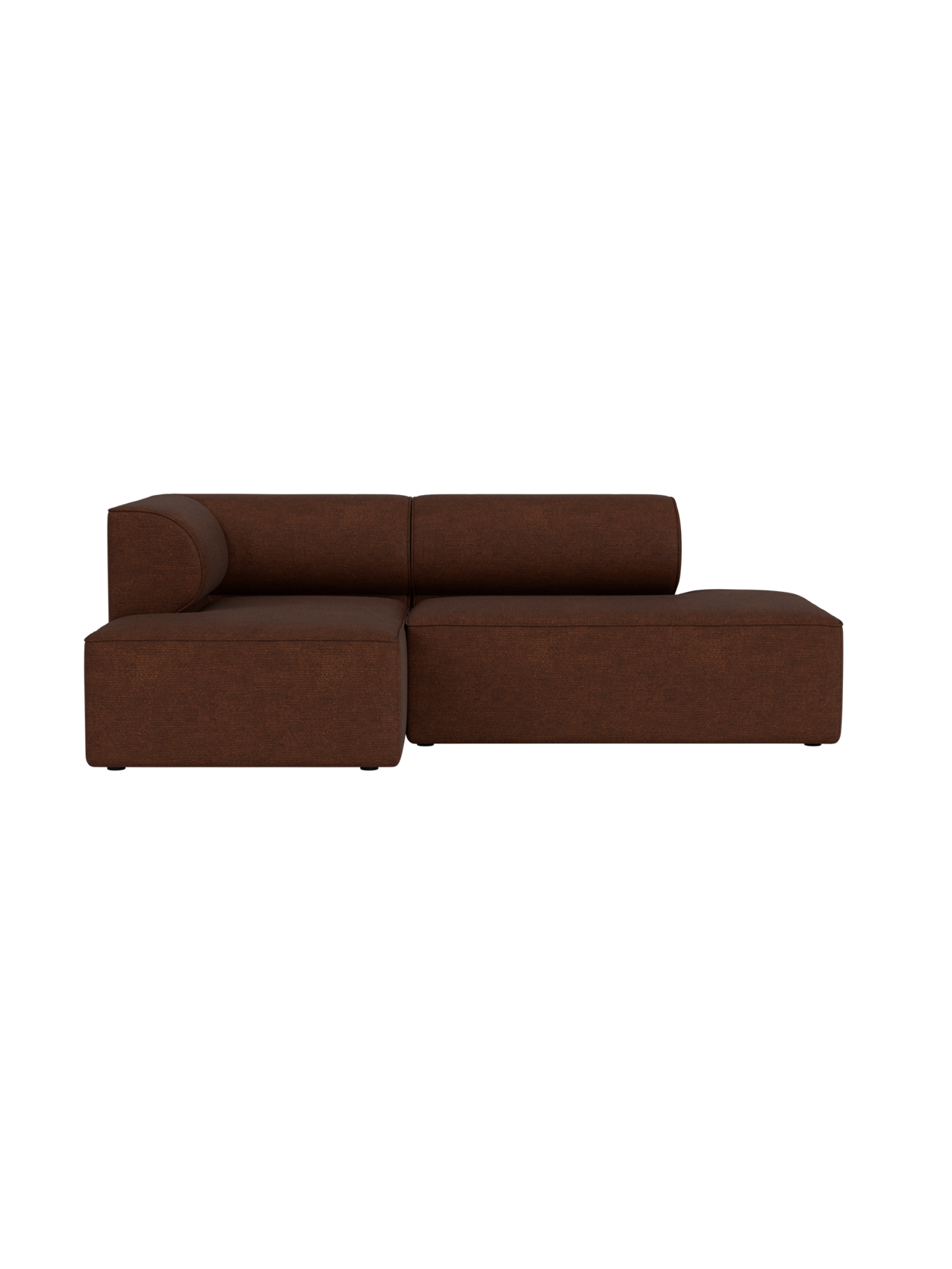 A front view of the Eave Modular Sofa 2.5-seater with a chaise longue, upholstered in textured brown Audo Bouclé 08 fabric.