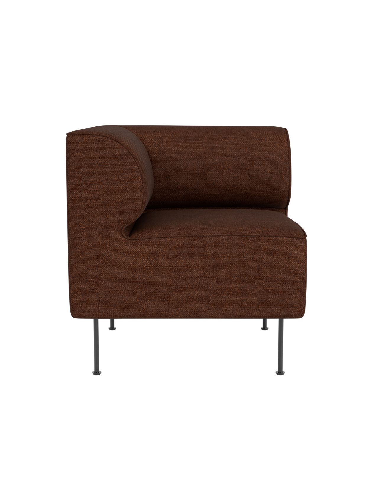 Front view of an Eave Dining Sofa Corner module in textured brown Audo Bouclé 08 with a curved back and slim metal legs.