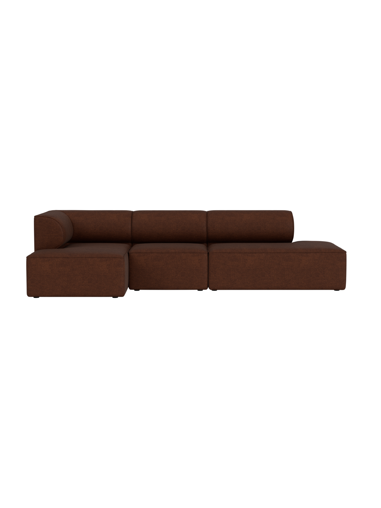 Front view of Eave Modular Sofa, 3.5-seater, upholstered in a reddish-brown Audo Bouclé 08 fabric against a black background.