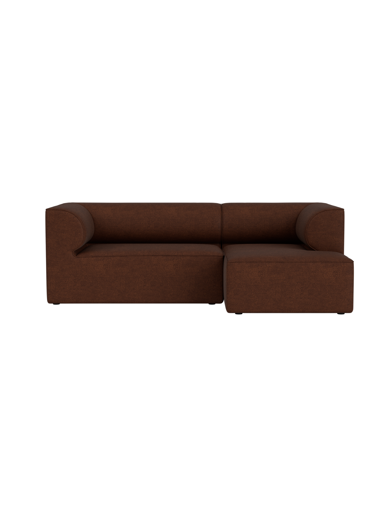 A front-facing view of the Eave Modular Sofa, 3-seater with a right chaise longue, in a textured brown Audo Bouclé 08 fabric.