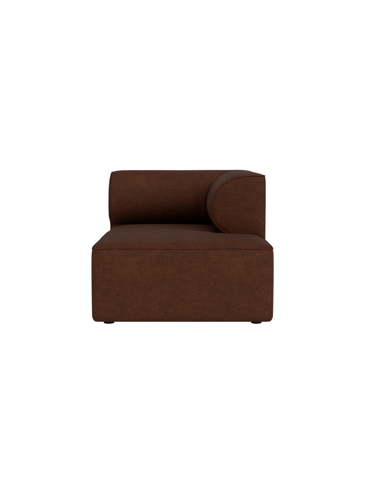 A front-facing view of the Eave Modular Sofa Chaise Longue, upholstered in a textured, dark brown Audo Bouclé 08 fabric.