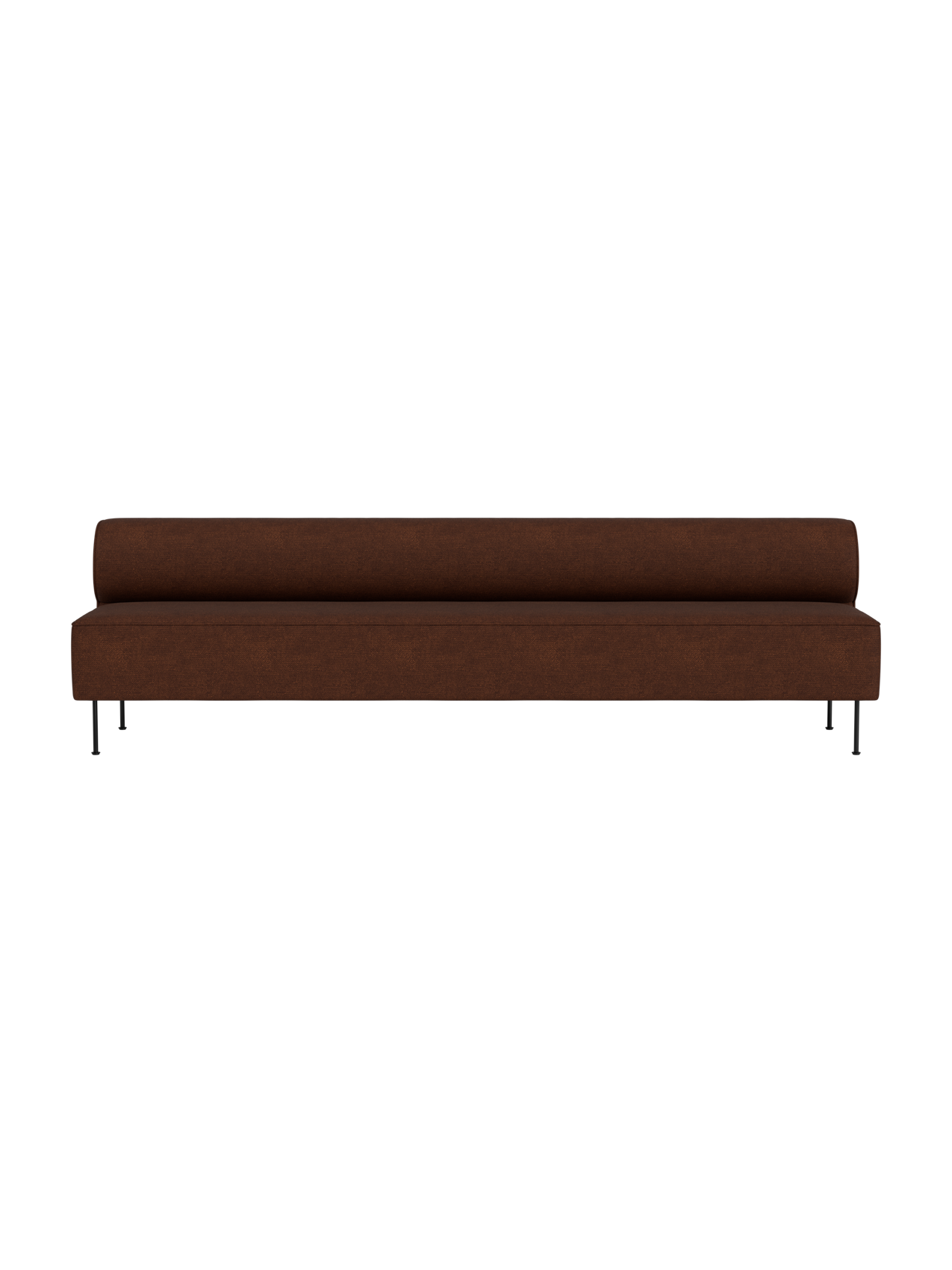Front view of the Eave Dining Sofa in Audo Bouclé 08. The long, minimalist sofa has a low back and thin black metal legs.