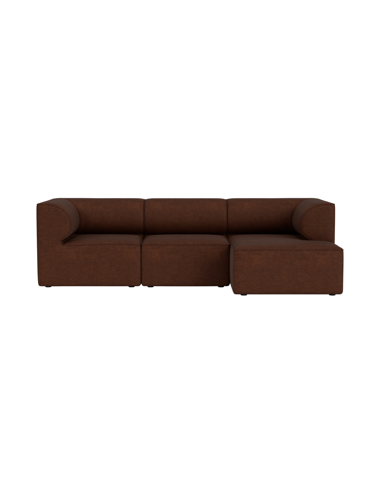Front view of the Eave Modular Sofa, 3-seater configuration 11 with a right chaise longue, in brown Audo Bouclé 08 fabric.