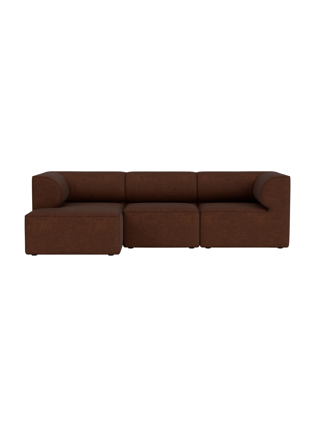 A front view of the Eave Modular Sofa, 86, 3-seater, in brown Audo Bouclé 08 fabric, with a left-hand chaise longue.