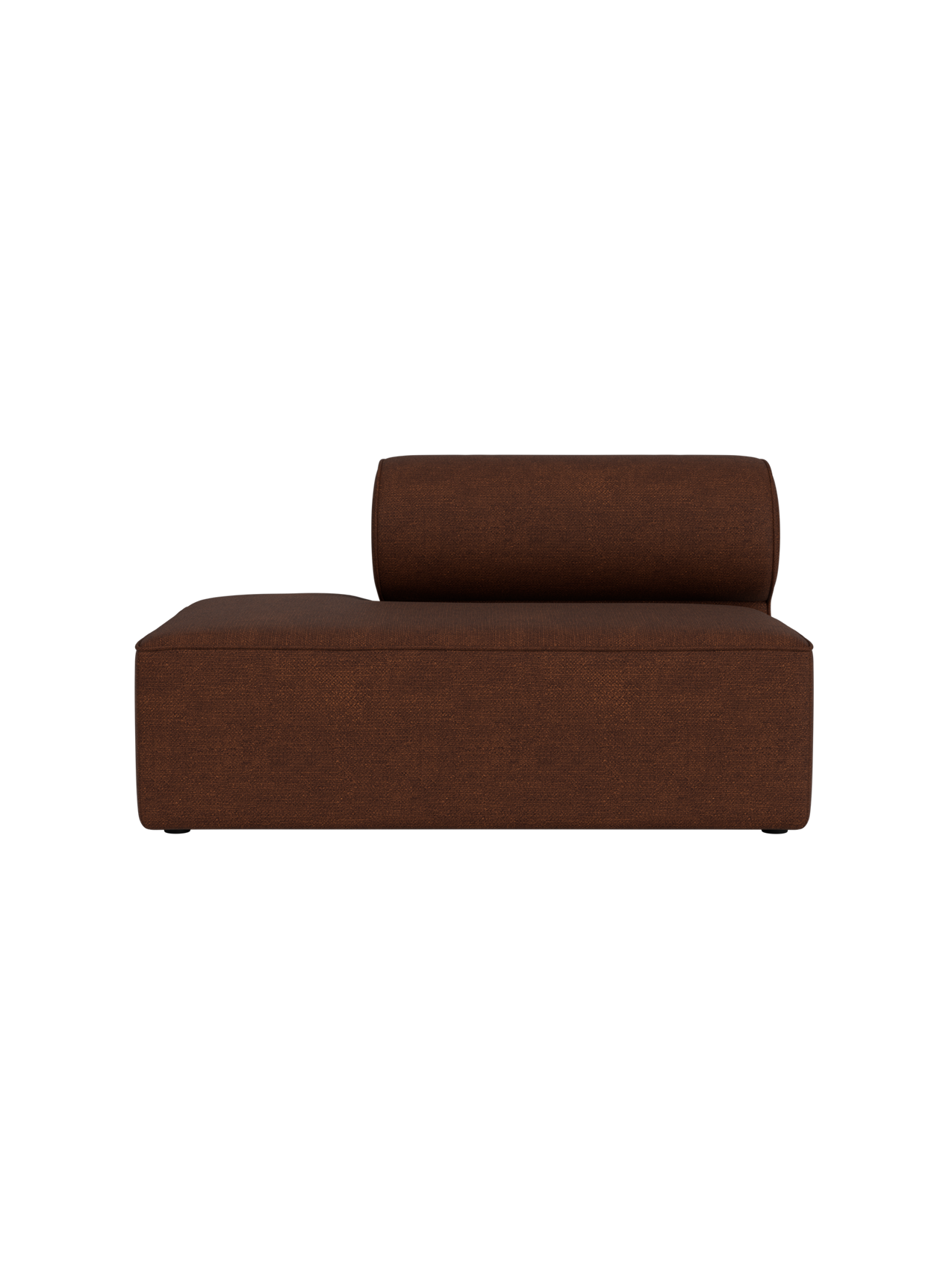 Side view of Eave Modular Sofa, 86, Open End module upholstered in brown Audo Bouclé 08 fabric against a black background.