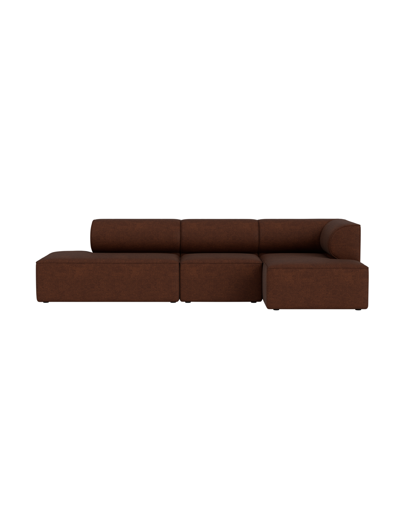 The Eave Modular 3.5-seater sofa in rich brown Audo Bouclé 08 fabric, shown from the front against a plain black background.