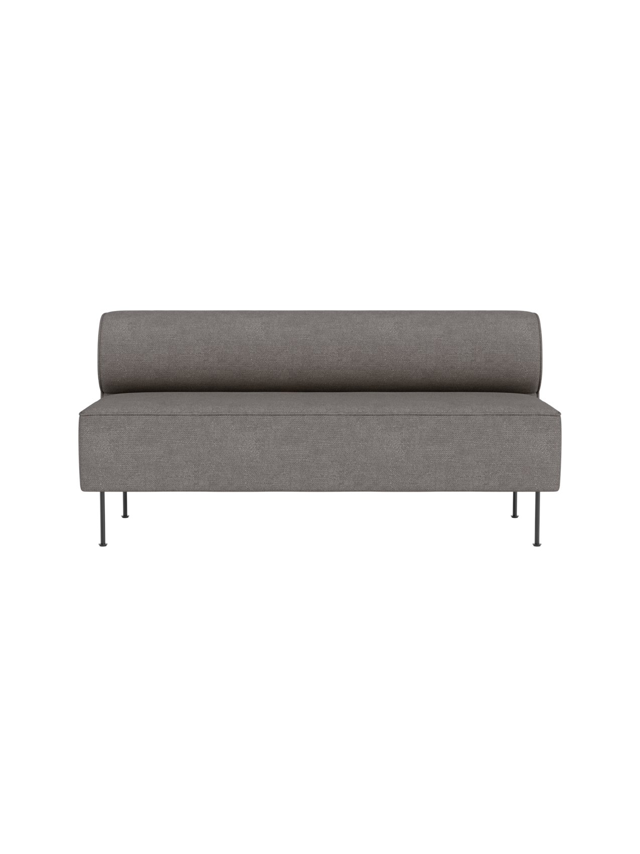 A studio shot of the Eave Dining Sofa in Audo Bouclé 16. The grey, textured sofa viewed from the front on slender metal legs.