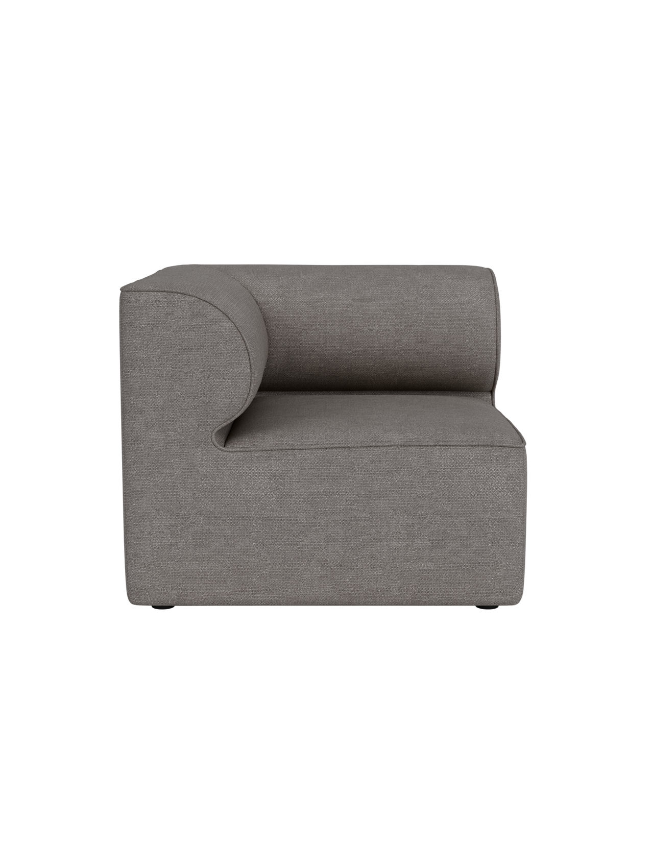 A front view of the Eave Modular Sofa 86 Corner in Audo Bouclé 16 fabric, showing its curved armrest on a black background.