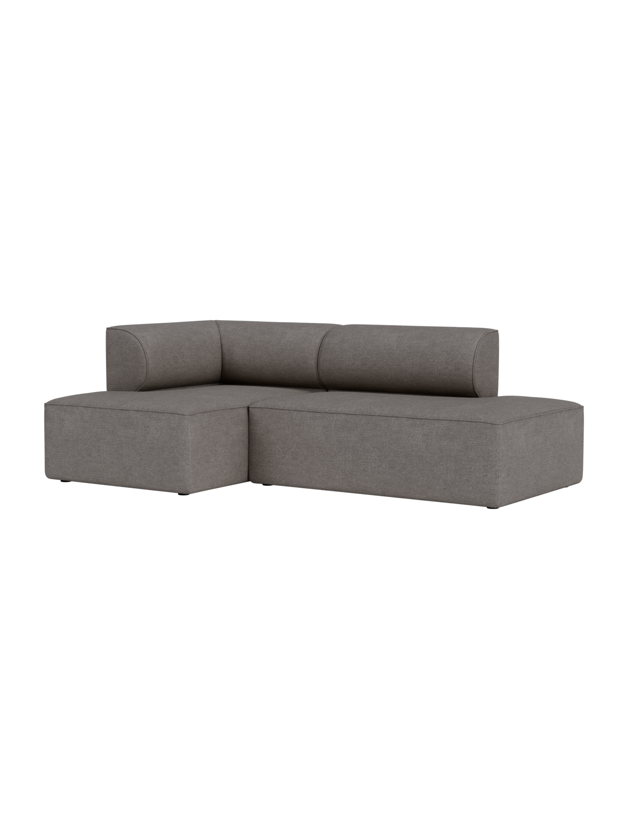 A front-angle view of the Eave Modular Sofa 86, a 2.5-seater with a chaise longue, in a textured grey Audo Bouclé 16 fabric.