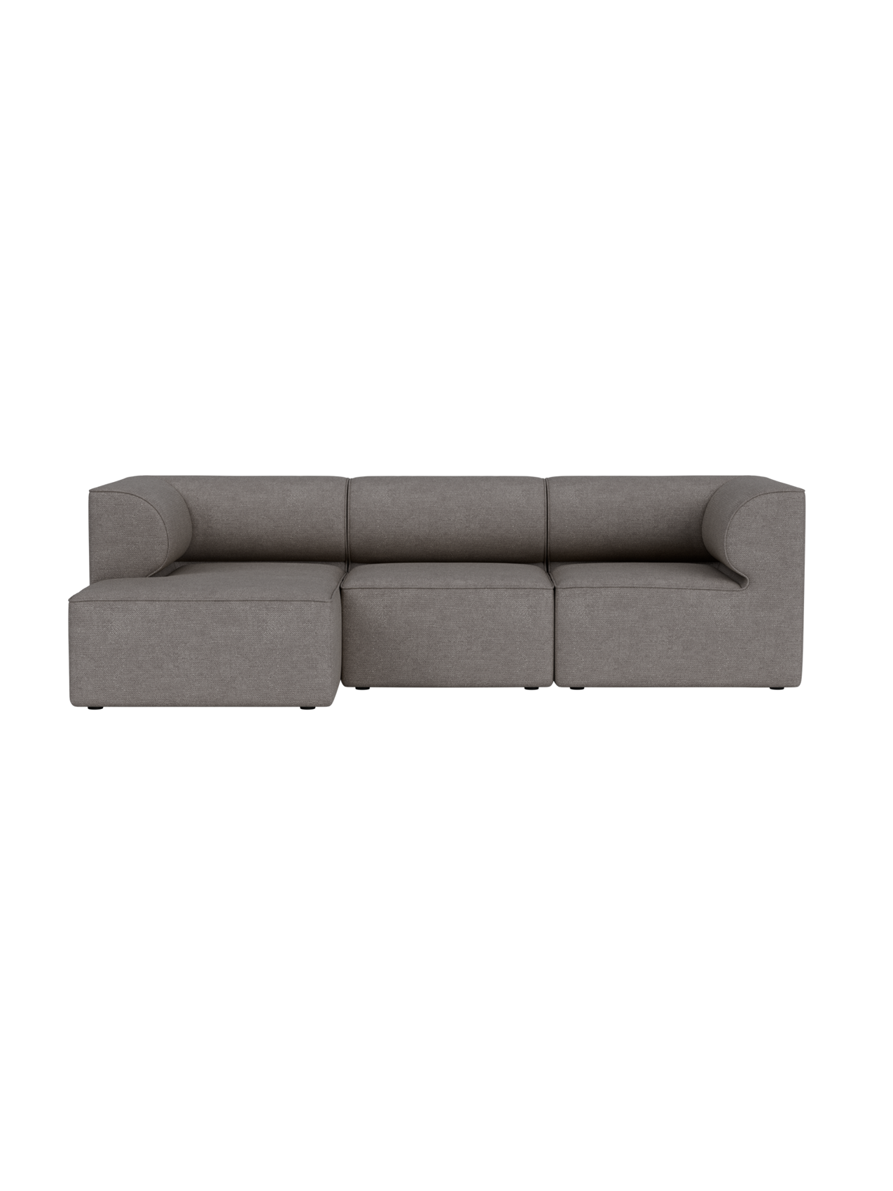 Front-facing view of the Eave Modular Sofa, 3-seater w/ left chaise longue, in a textured, light brown Audo Bouclé 16 fabric.