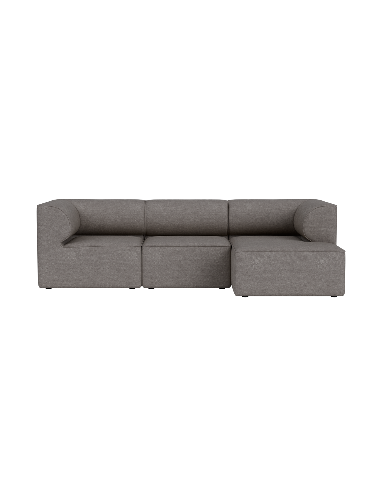 Front view of the Eave Modular Sofa, a 3-seater with a right-hand chaise longue upholstered in grey Audo Bouclé 16 fabric.