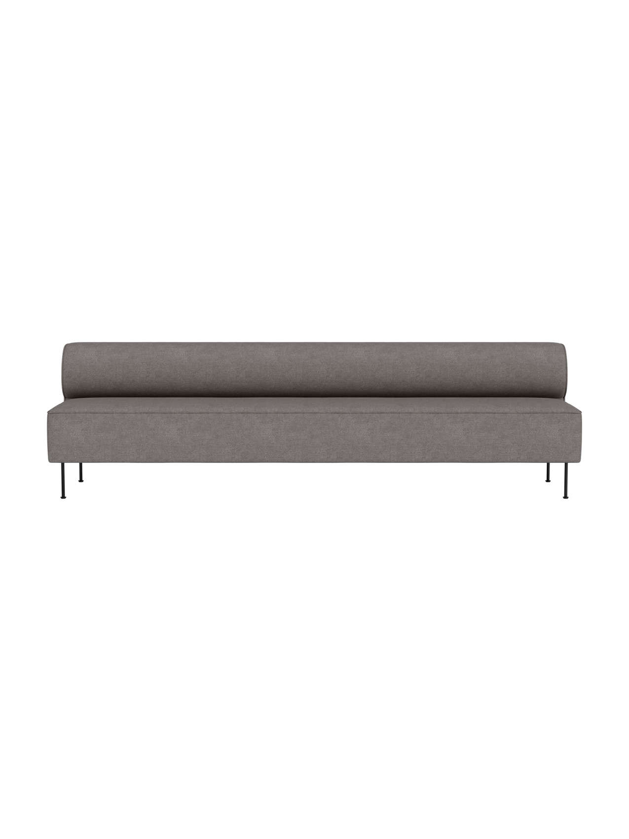 The Eave Dining Sofa in grey Audo Bouclé 16 fabric, featuring a long, low profile with a bolster back on slim legs.