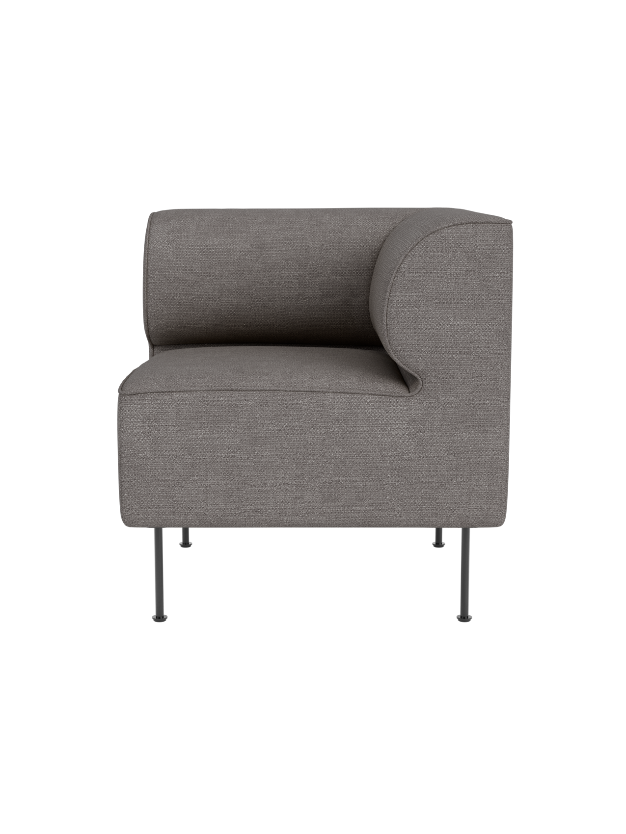 Front view of the Eave Dining Sofa, Corner module, in grey Audo Bouclé 16 fabric, showing its rounded corner and slim legs.