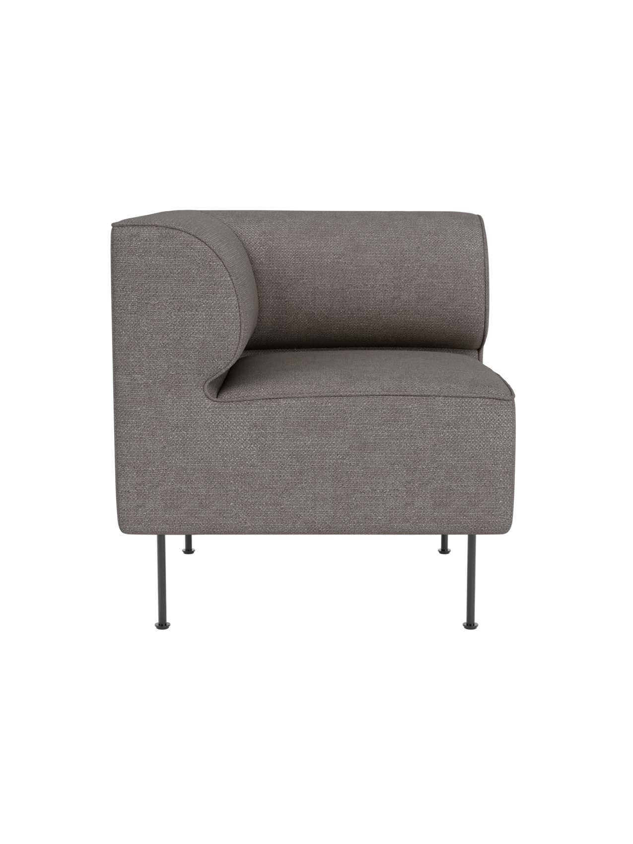 Front view of the Eave Dining Sofa Corner module upholstered in Audo Bouclé 16, a grey fabric, with slender metal legs.