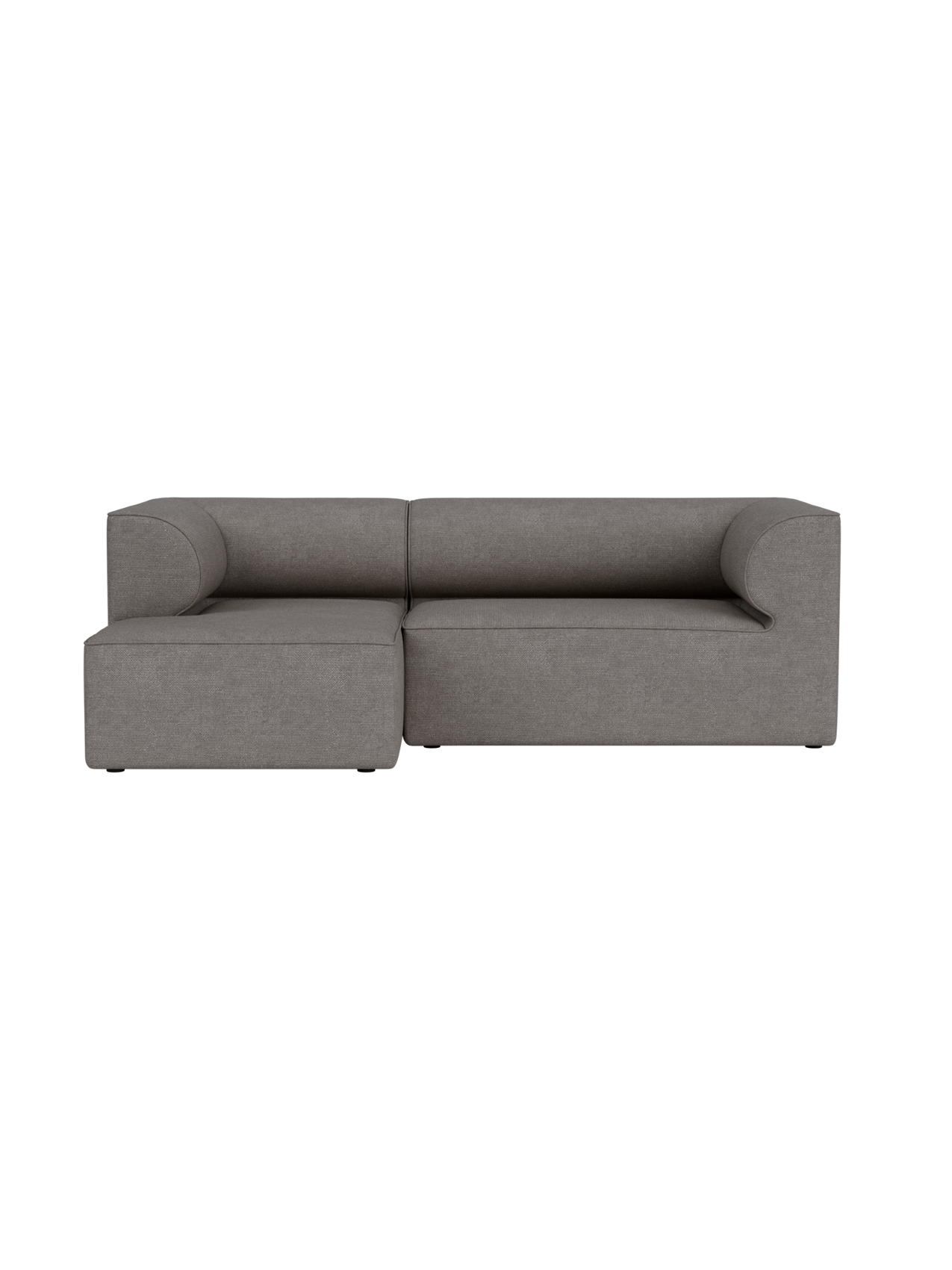 Front view of the Eave Modular Sofa, 3-seater, upholstered in grey bouclé fabric, featuring a chaise longue on the left.