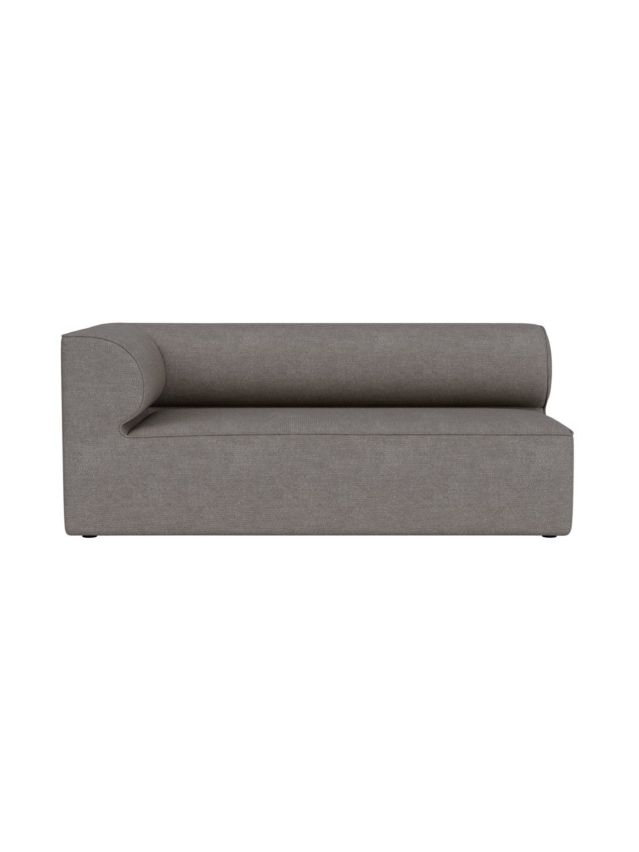 A front view of the Eave Modular Sofa, 86, Corner 172 in textured grey Audo Bouclé 16 fabric, isolated on a black background.