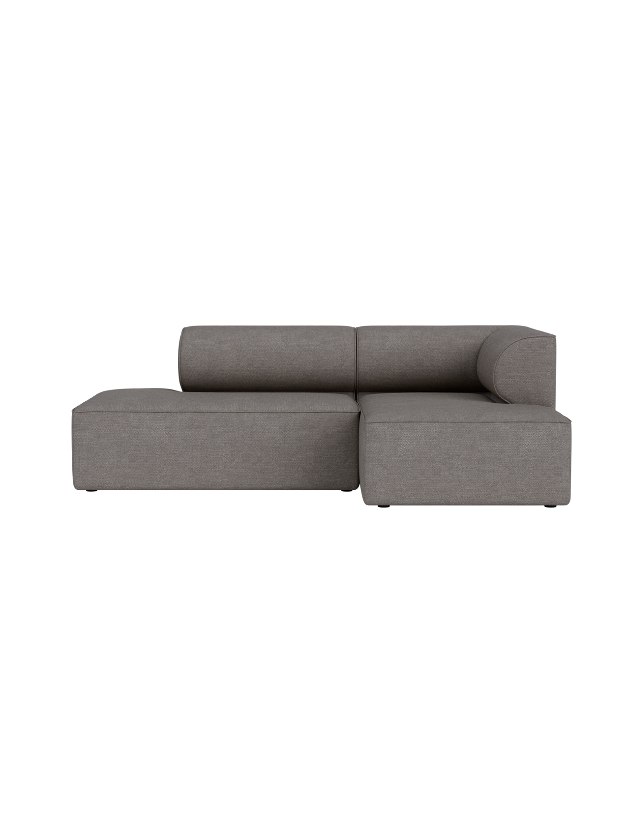 High-angle view of the Eave Modular Sofa 2.5-seater in grey Audo Bouclé 16, with a chaise longue against a black background.