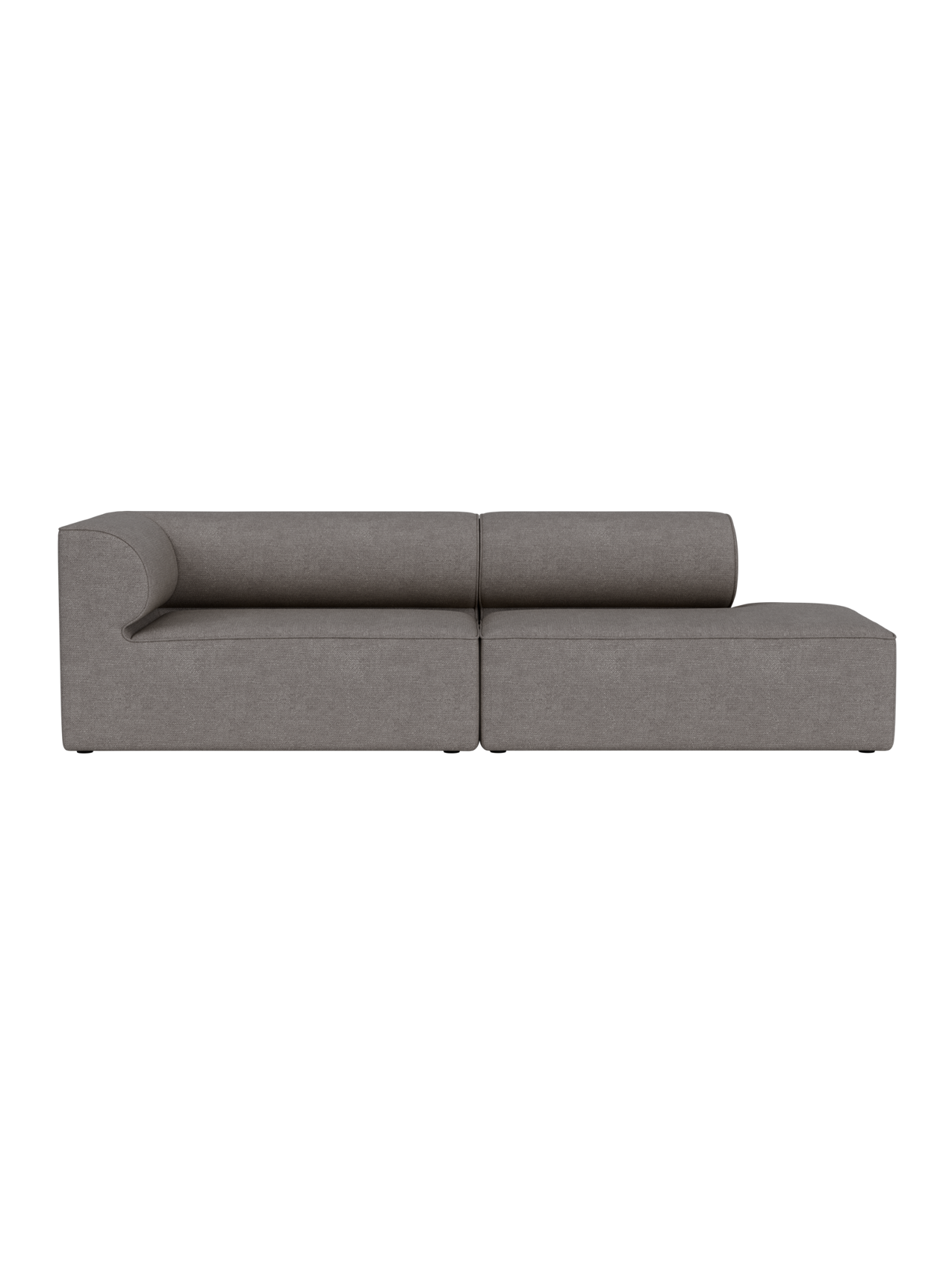 Front view of the Eave Modular Sofa 2.5-Seater, in a light brown Audo Bouclé 16 fabric, against a solid black background.