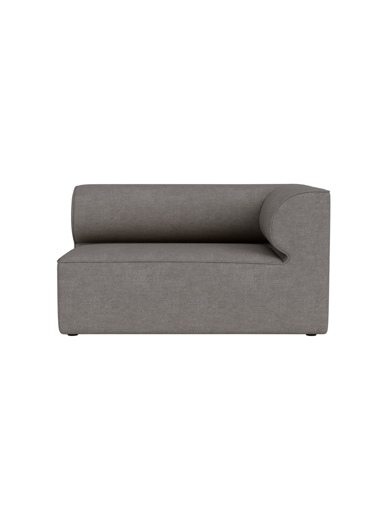 Front view of the Eave Modular Sofa, Corner 129 module, upholstered in grey Audo Bouclé 16 fabric on a black background.