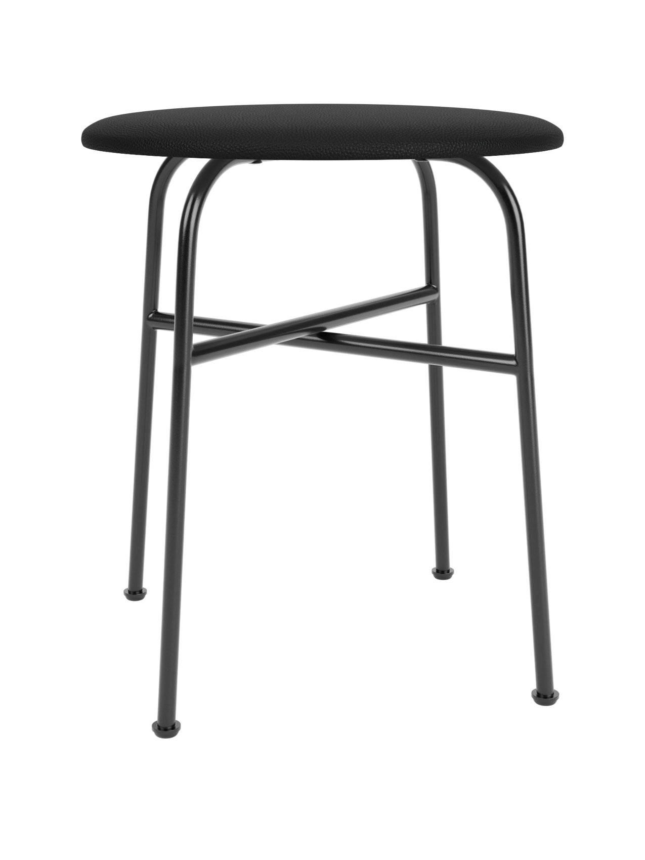 The Afteroom Stool, featuring a round upholstered seat in black leather and a minimalist black powder-coated steel frame.