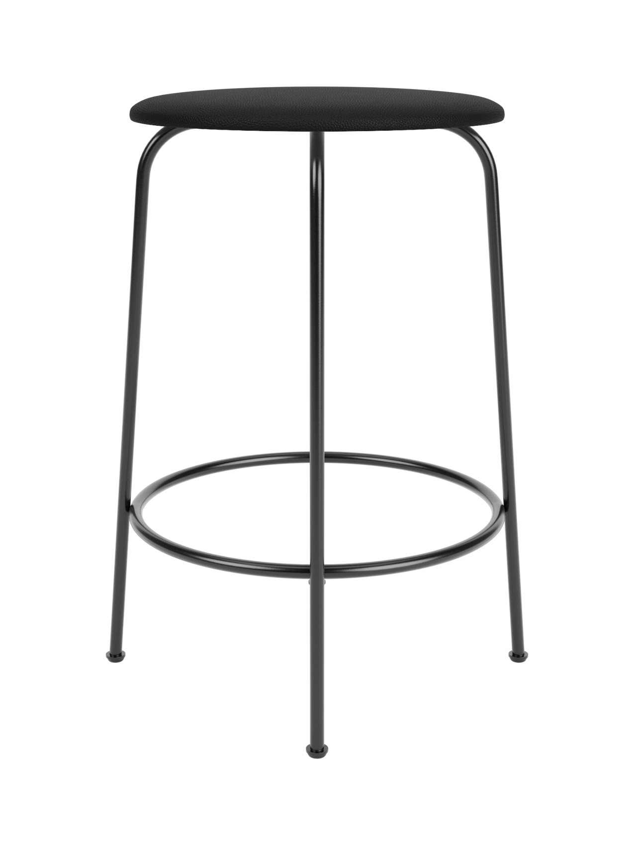 The Afteroom Counter Stool with a round, black leather upholstered seat and a slender, black powder-coated steel frame.