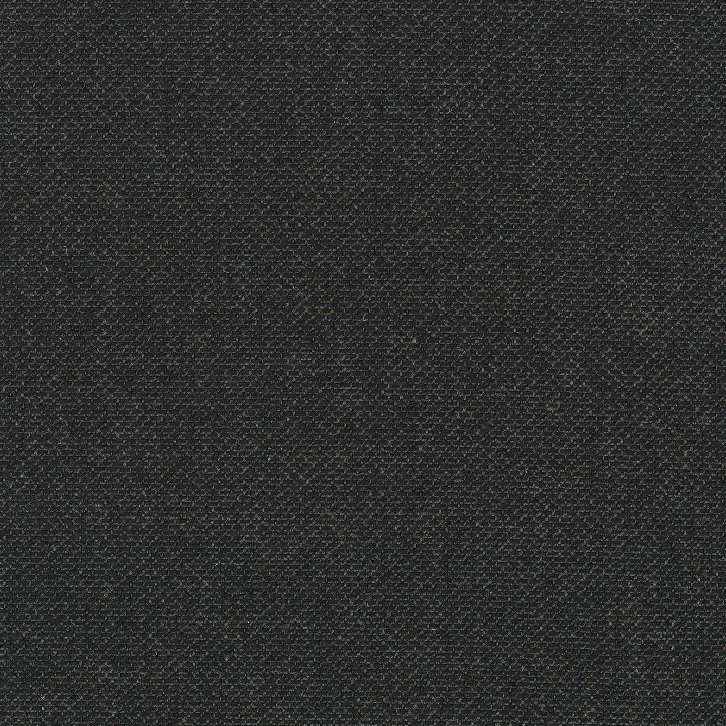 A close-up swatch of Re-Wool 0198 fabric. The textile is a dark charcoal with textured basketweave and multi-coloured flecks.