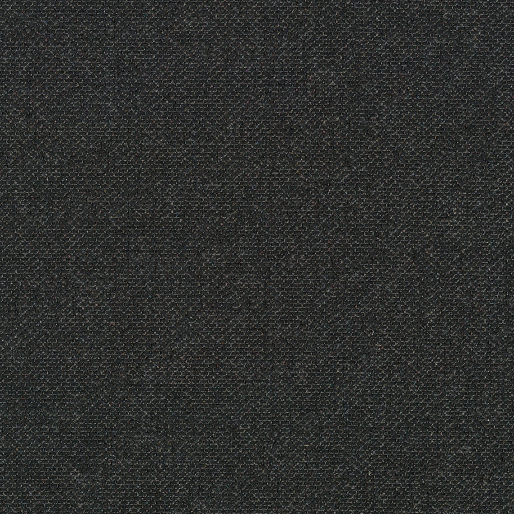 A close-up swatch of Re-Wool 0198 fabric. The textile is a dark charcoal with textured basketweave and multi-coloured flecks.